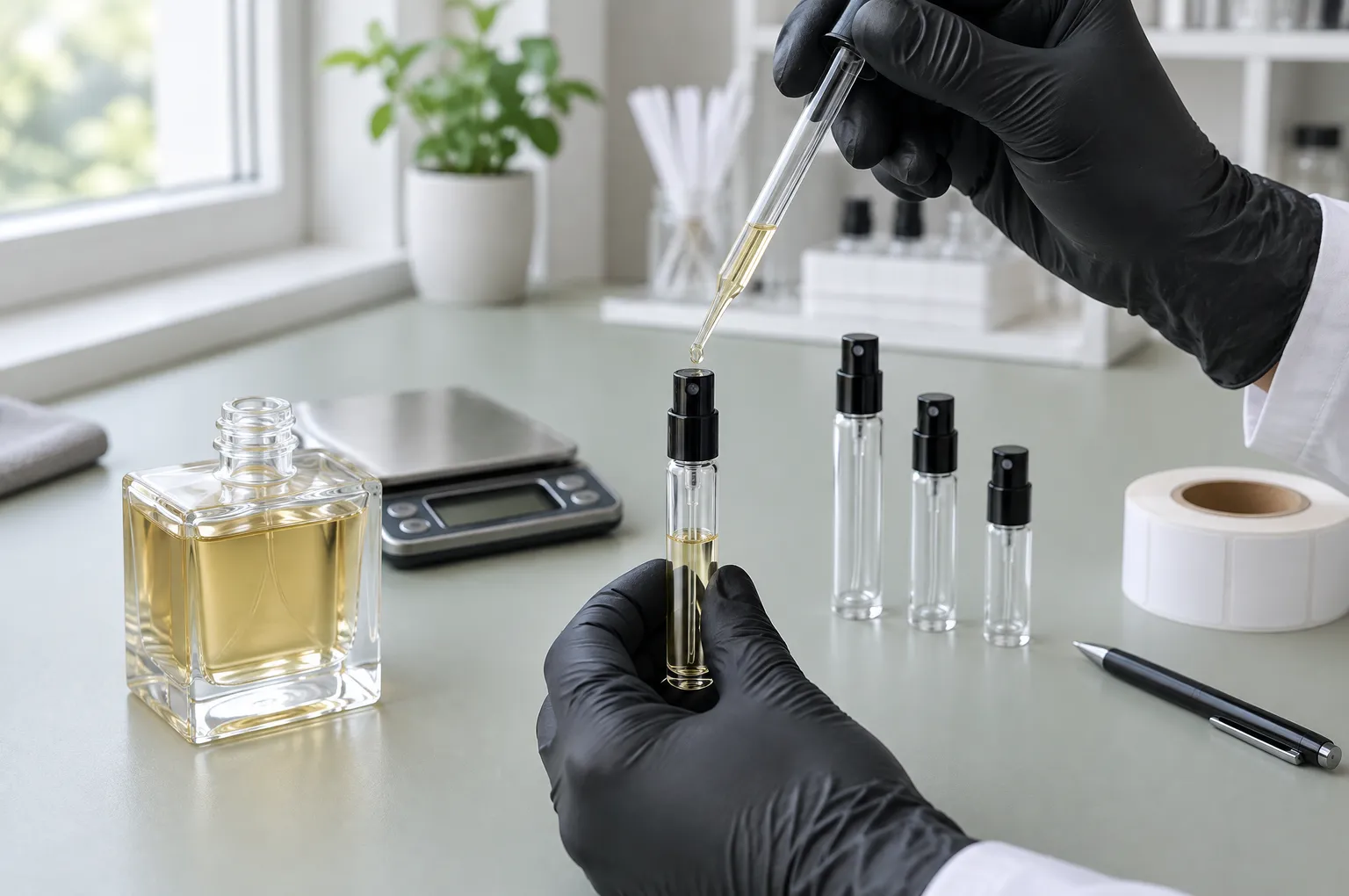 Abfüllen eines Parfums mit einer Glaspipette aus dem Flakon in einen 10-ml-Zerstäuber