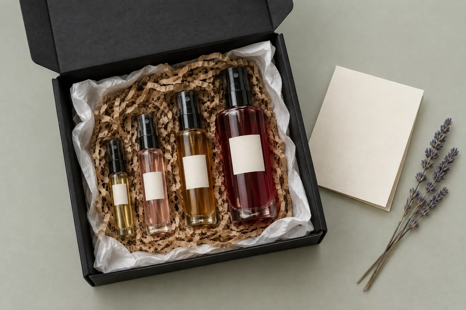 Geöffnetes Paket mit vier Glaszerstäubern in 2, 5, 10 und 30 ml