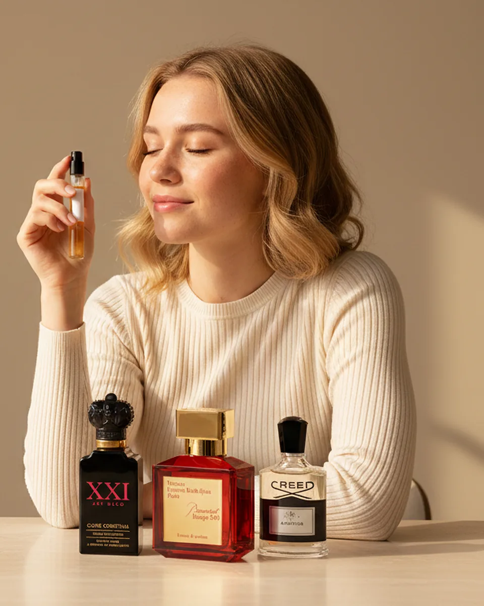 Frau riecht an einer kleinen Parfum-Abfüllung, vor ihr stehen drei Parfumflakons auf einem Tisch